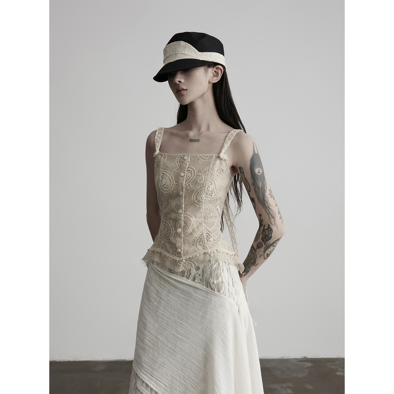 Indulge Psychedelic Summer Paisley Embroidered Lace Hem Semi-Sheer Square Neck Camisole Women's Top