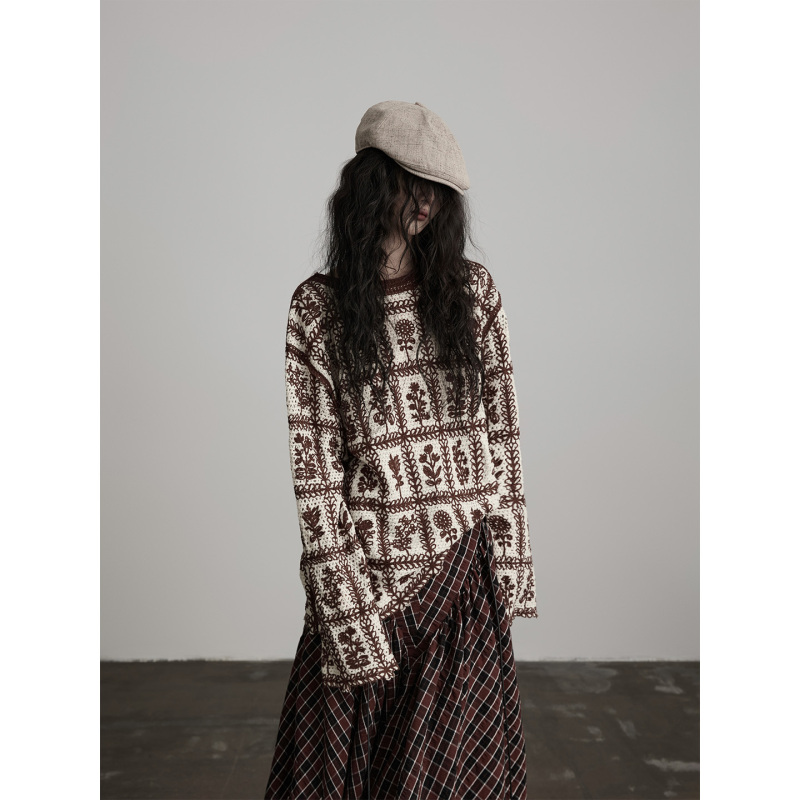 Indulge Jacquard Secret Language·Fair Isle Plaid Knit Sweater for Spring and Autumn, Loose Outerwear Top Indulge Jacquard Secret Language·Fair Isle Plaid Knit Sweater for Spring and Autumn, Loose Outerwear Top