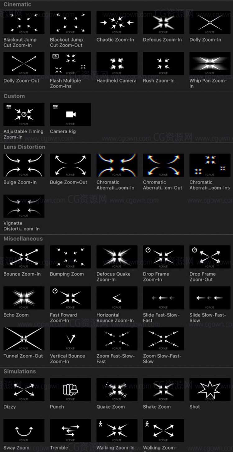 FCPX插件50多种摄像机移动模拟摇晃缩放旋转拉伸抖动畸变运镜动画-CG资源网 FCPX插件50多种摄像机移动模拟摇晃缩放旋转拉伸抖动畸变运镜动画