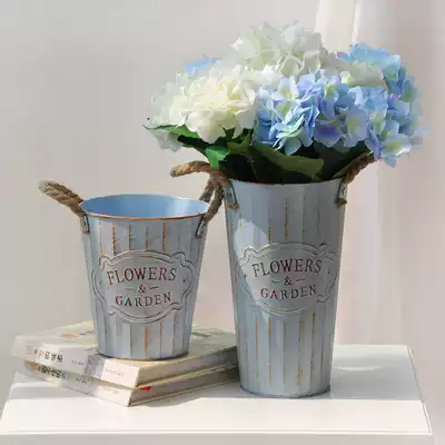 Traces do old iron bucket American vintage iron flower bucket flower pot European style wrought iron drying flower arrangement hemp rope flower