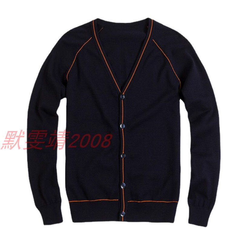 Eaton School Uniform Style Navy Blue and Orange Cotton V-Neck Cardigan Spring and Autumn Knit Jacket 18m005