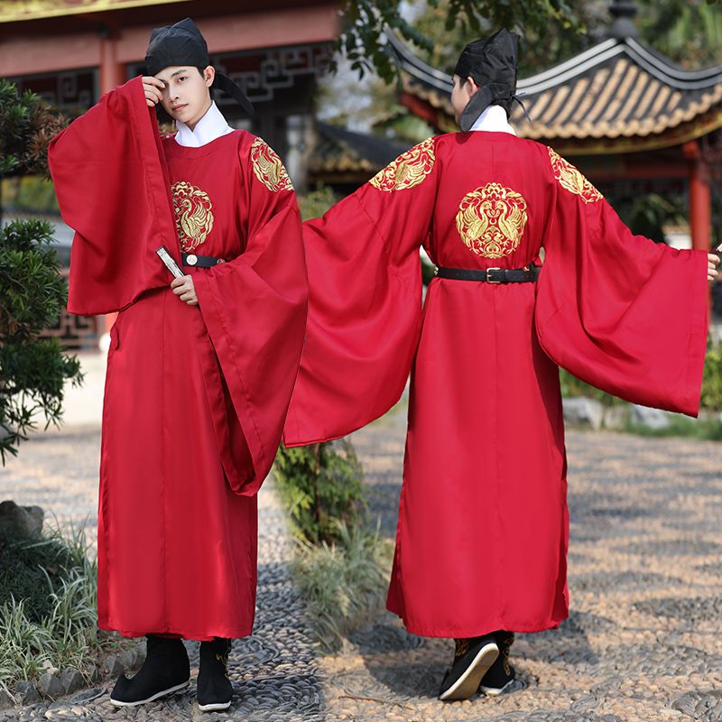 Hanfu Men's Round-Neck Robe, Tang-Style Burgundy Official Attire, Wedding Attire, Gold Mandarin Duck Embroidery, Restored Chinese Style, Ancient Style, in Stock