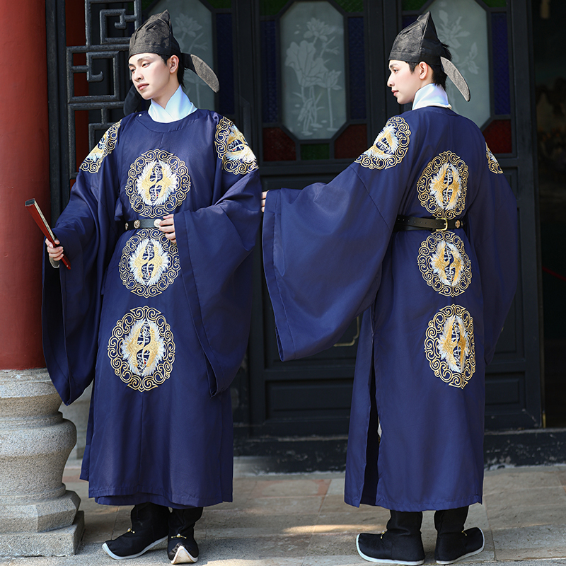In-Stock Hanfu Men's Round-Neck Robe, Tang-Style with Eight Pairs of Crane Embroidery, Ancient Style Host Outfit, Navy Blue Official Attire, Restored Chinese Style