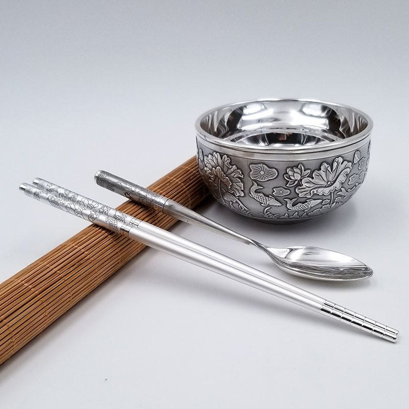 Every year there are more than silver bowls 999 silver cutlery set double-layer insulation silver bowl silver chopsticks silver spoon household pure silver cutlery set