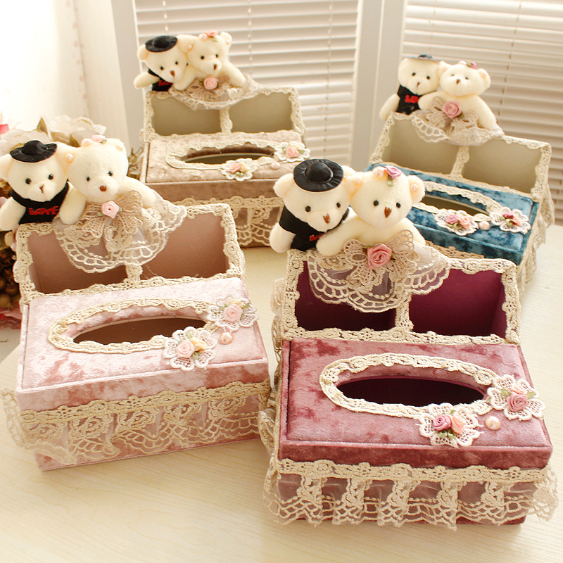 Multi-functional tissue box velvet lace desktop mobile phone remote control to collect the box living room toilet tray European bear