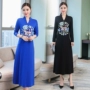 Phong cách Trung Quốc ban đầu của phụ nữ mùa thu mới cổ chữ V cẩu thêu khí chất váy dài tay dài retro váy voan dài