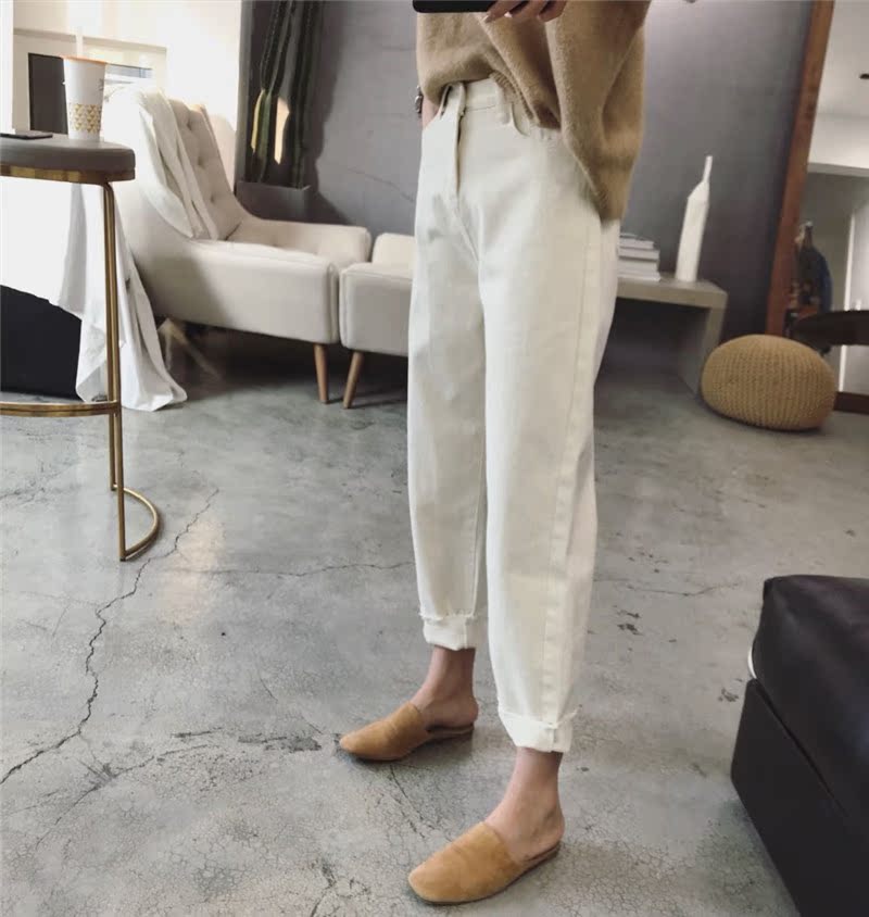 Justq mùa thu mới BF Hong Kong hương vị eo cao đã mỏng chín điểm quần jeans nữ sinh Harlan thẳng quần nữ đồ nữ đẹp