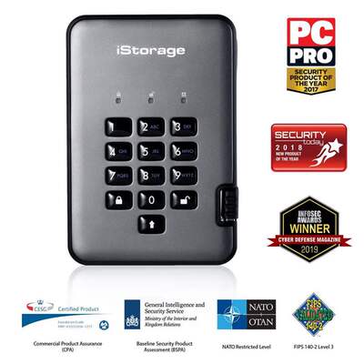iStorage diskAshur Pro2 256-bit encrypted USB31 interface hard disk.