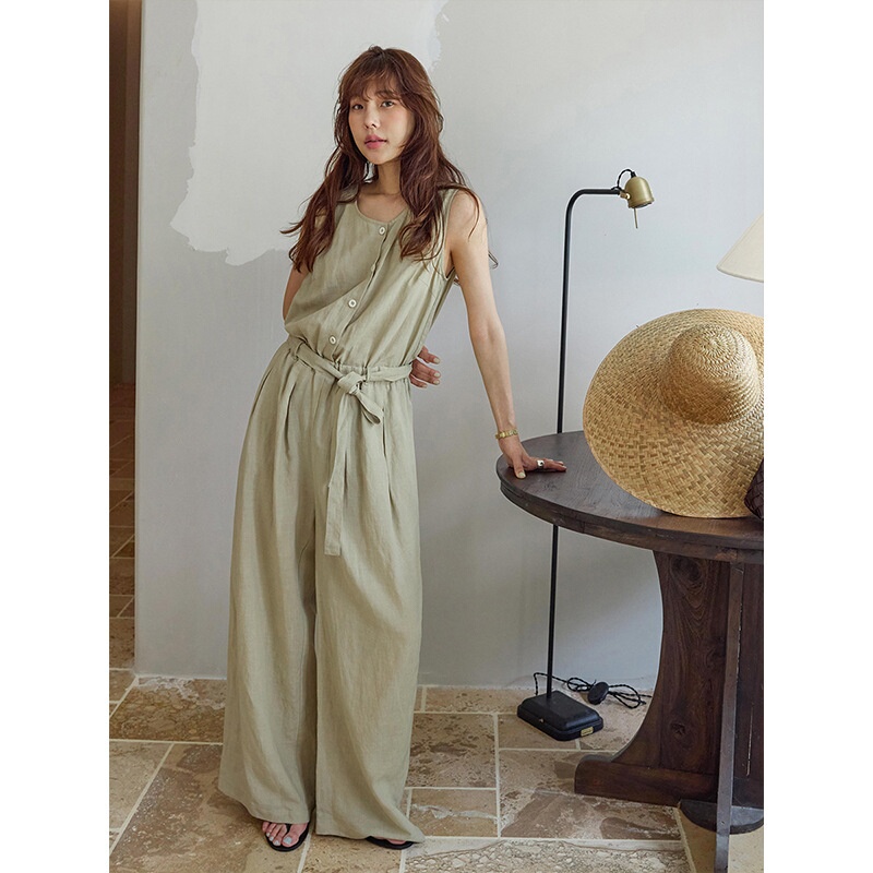 Acme Summer New Product Tencel Linen U-Neck Elegant Waist-Slimming Sleeveless Vest Jumpsuit 60863