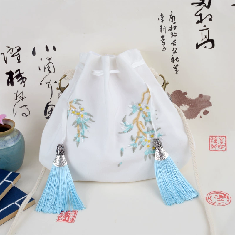 Phong cách cổ xưa thêu Hanfu túi điện thoại di động nữ thêu chéo yếu tố Trung Quốc mùa hè gói tươi in dây rút túi đóng - Túi điện thoại