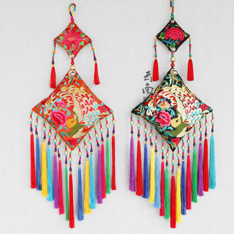 Yunnan ethnic peacock open screen embroidered wind bells home hotel ornaments hangings New Year goods Fashion Decorative Wind Bells