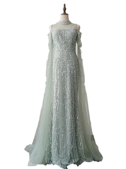 高端奢华重工水袖高腰显瘦鱼尾立领晚礼服年会名媛晚宴演出口中东