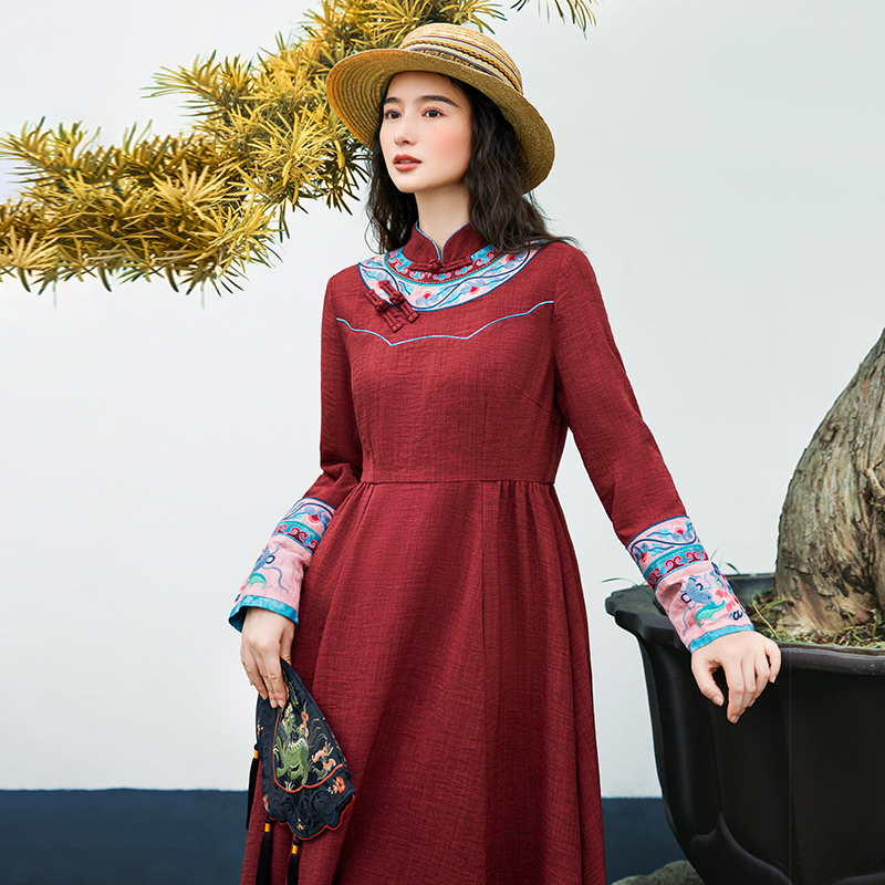 【Flaw】Suluo Fanyin Dust-Cleaning Winter Loose-Fit Original Design Ethnic Style Embroidered Stand Collar Dress