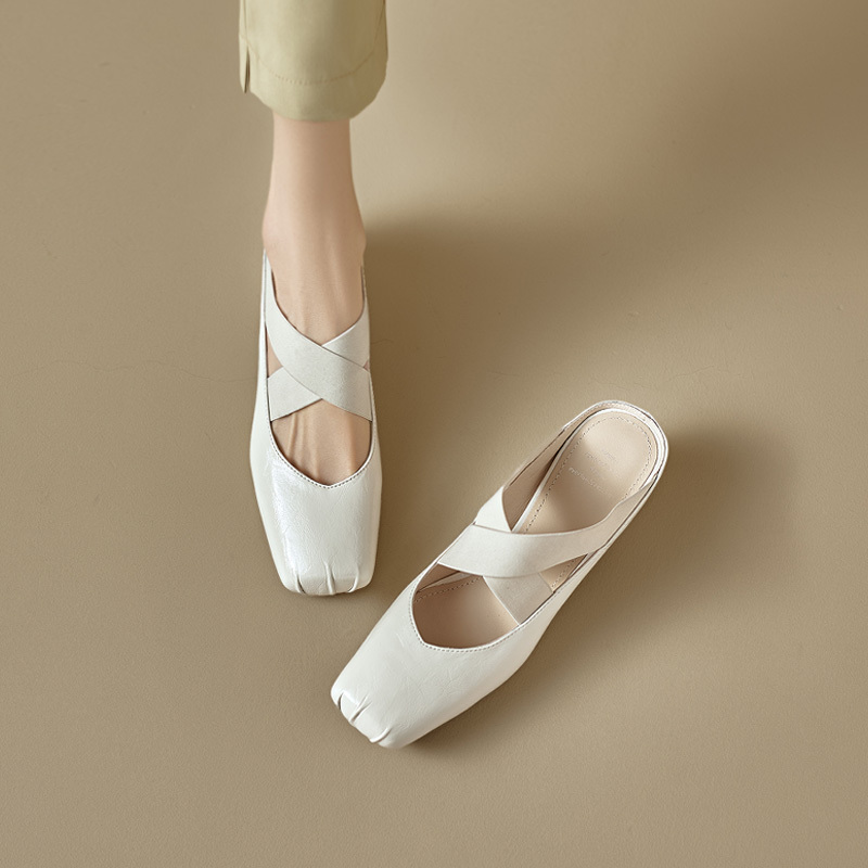 ins Highly Recommended! Super Soft ~ Sheepskin Cross-Strap Closed-Toe Half-Slippers for Women, Summer Mid-Heel Square-Toe Ballet Mules