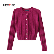 2021 Spring and Autumn New Popular Fashion Japanese Cashmere Crew Neck Cardigan Women High Waist Short Sweater Coat Thickening Slim