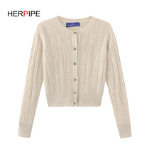 2021 Spring New Japanese solid color hollow hollow round neck high waist short knitted sweater jacket thin cashmere cardigan women