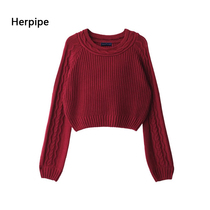 Autumn and winter New Joker sweet Japanese lantern sleeve round collar pullover knitted short sweater thick cashmere sweater female