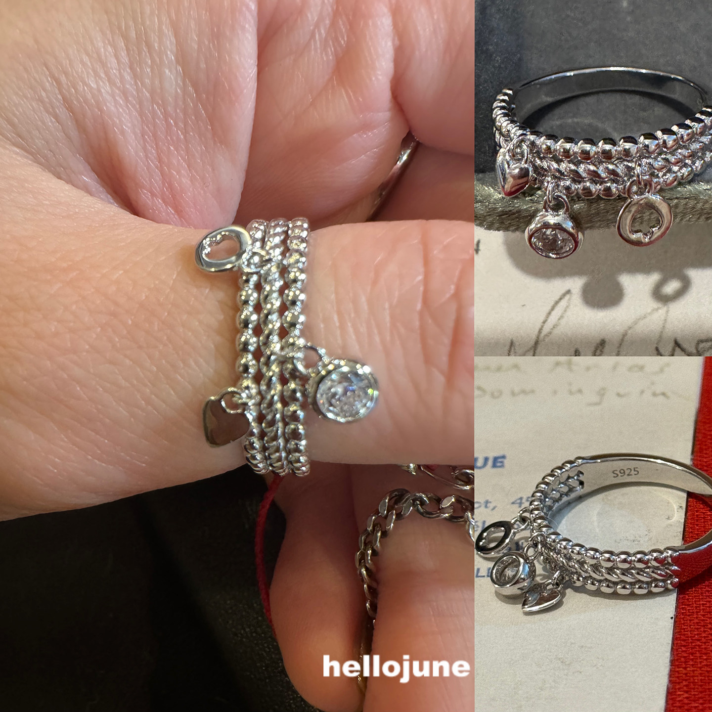 Hellojune 925 silver round diamond love pendant multi-layered ring