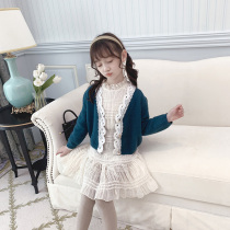 Girls knitted cardigan 2021 new foreign style jacket lace loose childrens sweater autumn winter coat