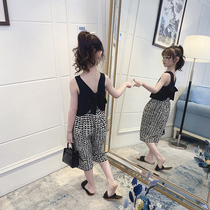 Girls summer wear wide leg pants set 2021 New Fashion black kids jacket foreign style childrens vest two-piece set