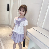 Girls set pleated skirt foreign atmosphere 2021 New Fashion Girls College Style summer children Navy wind two-piece set