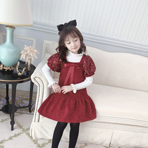Girl dress sequins 2021 autumn new black square collar skirt children bubble sleeve princess dress