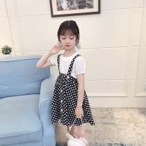 Girl sling set summer 2021 New Net Red fashion short sleeve top polo point childrens strap skirt two-piece set