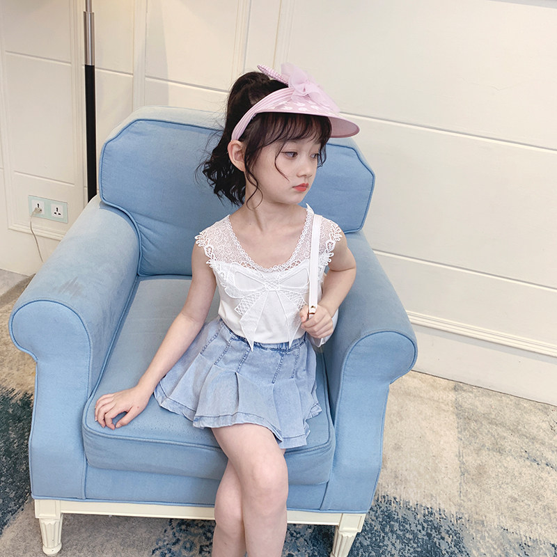 Girls summer vest white 2021 New sweet fashion foreign style bow T-shirt sleeveless children's coat short