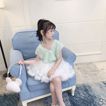 Girls T-shirt summer 2021 New Korean fashion little girl top half sleeve loose green V collar children short sleeve