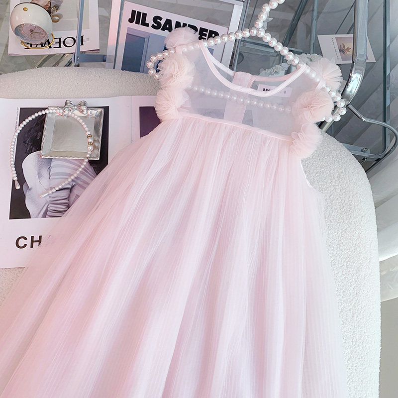 Girl Foreign Dress Pink Mesh Yarn Dresses 2022 New Fashion Polo Flowers Children Summer Dress Girl Fluffy Dress