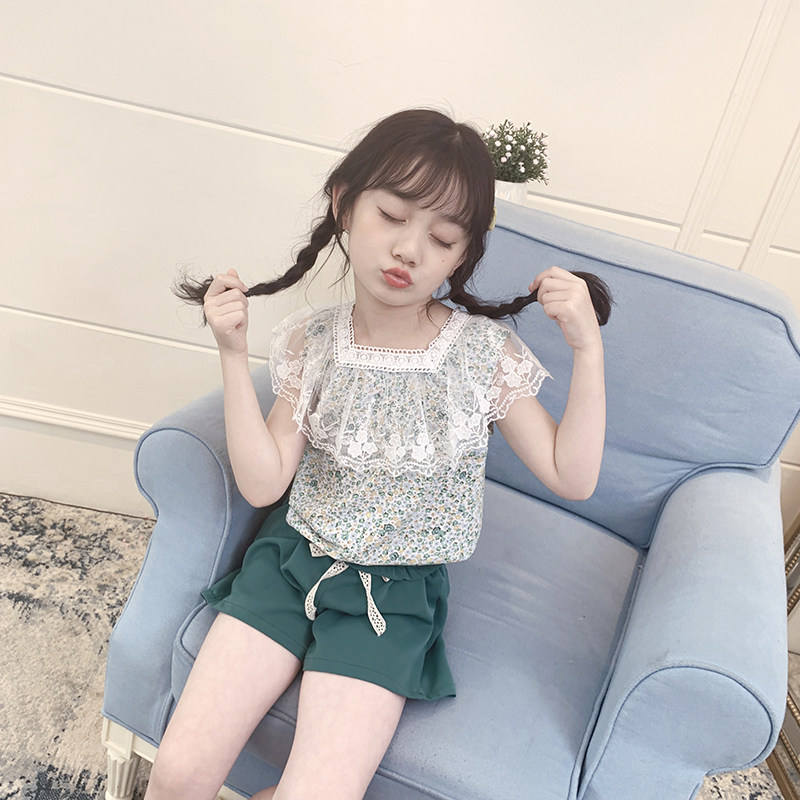 Girls summer set floral 2021 new fashion lace short sleeve top green children's shorts two-piece summer