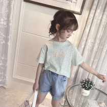 Girls summer short sleeve 2021 New Korean fashion children Plaid letter top loose childrens T-shirt half sleeve