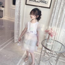 Girls summer dress set Rainbow 2021 new bubble sleeve foreign style fashionable shell T-shirt children Net red two-piece set