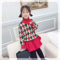 Ran Rans girl sweater high collar 2021 autumn and winter New sweater retro diamond warm childrens knitted shirt red