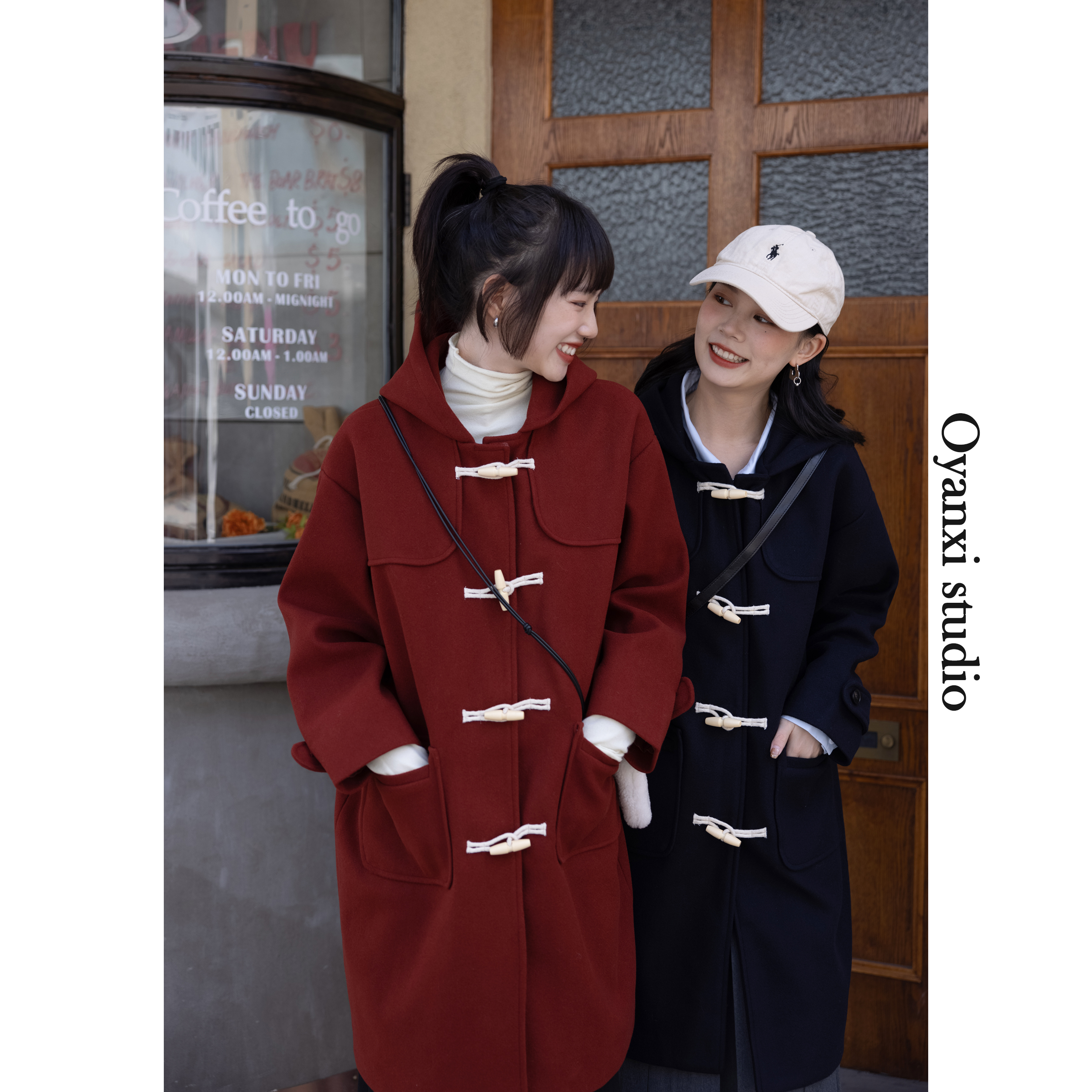 Ouyang Xi Korean version of medium and long version of woolen coat 2021 autumn and winter horns buckle design cotton thickened woolen coat women