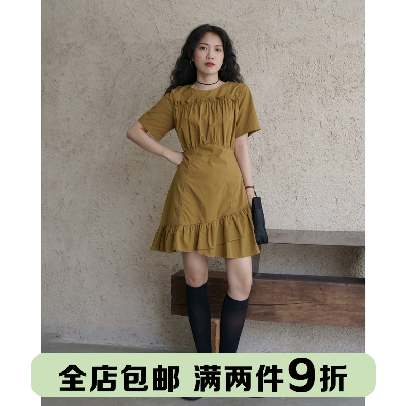 Oyang Festive style conspicuose short sleeves Ocean dress Balloon Flower Collection Pleats Irregular Design Midskirt Lady Summer 2021 new