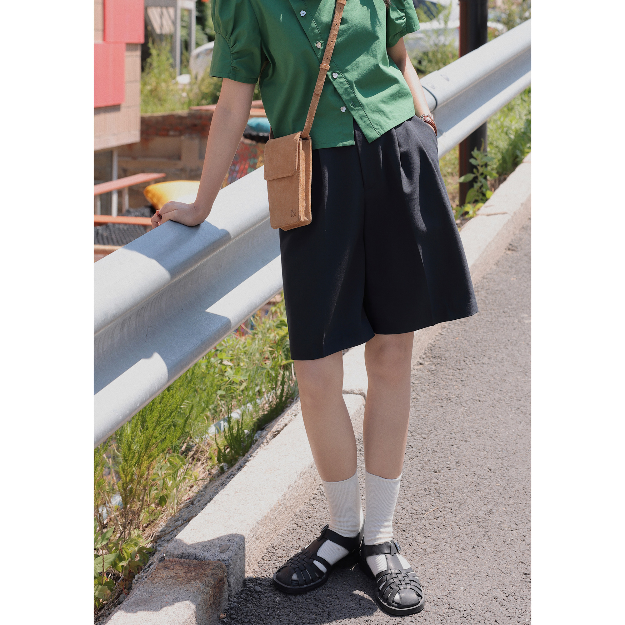 Ouyang Xi Straight Casual 5 Points Pants Distribution Belt 2021 New Summer Simple Casual High Waist Wide Pants Women