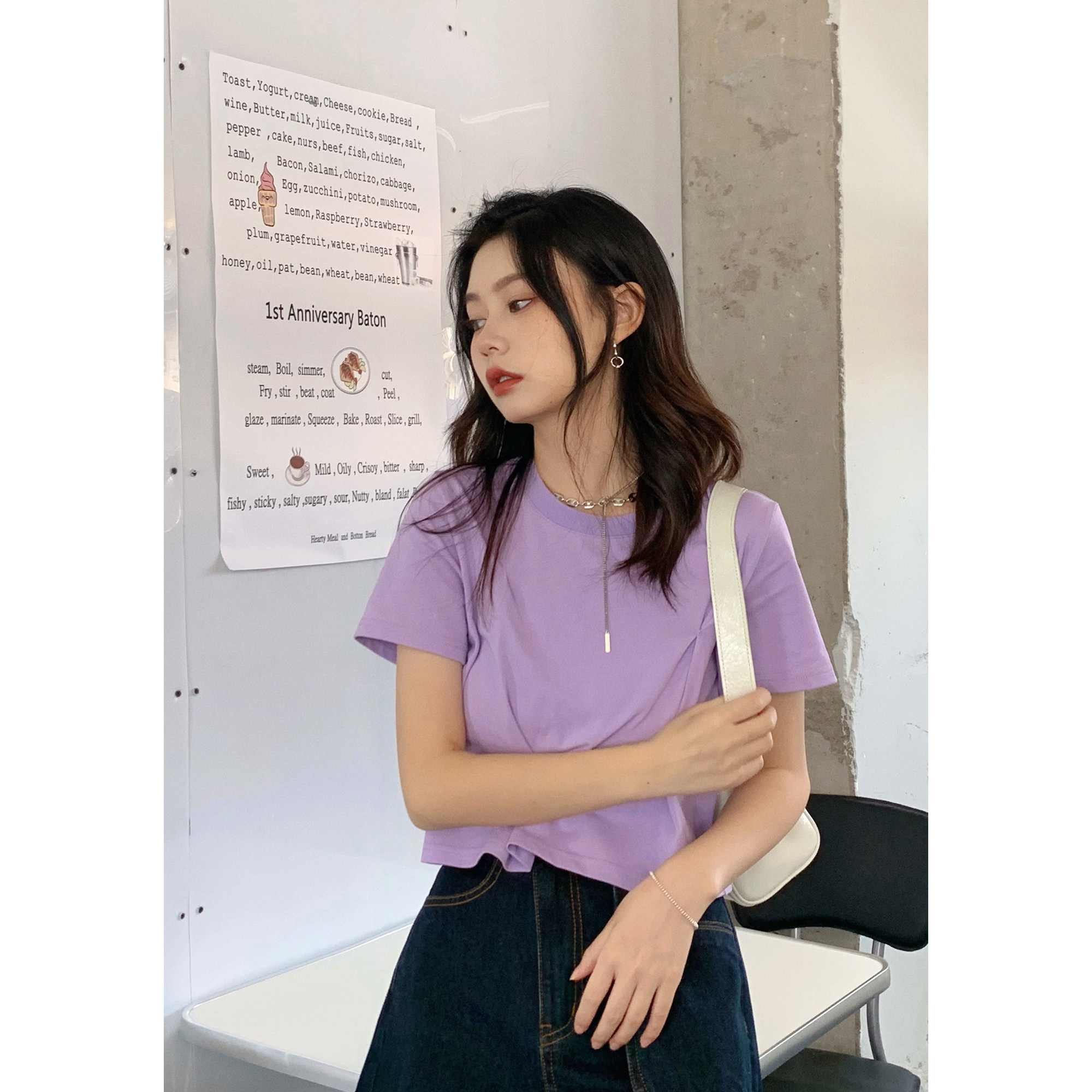 Ouyang Xi Solid color sweet and chic design pinch pleated short T-shirt 2021 new summer purple all-match top