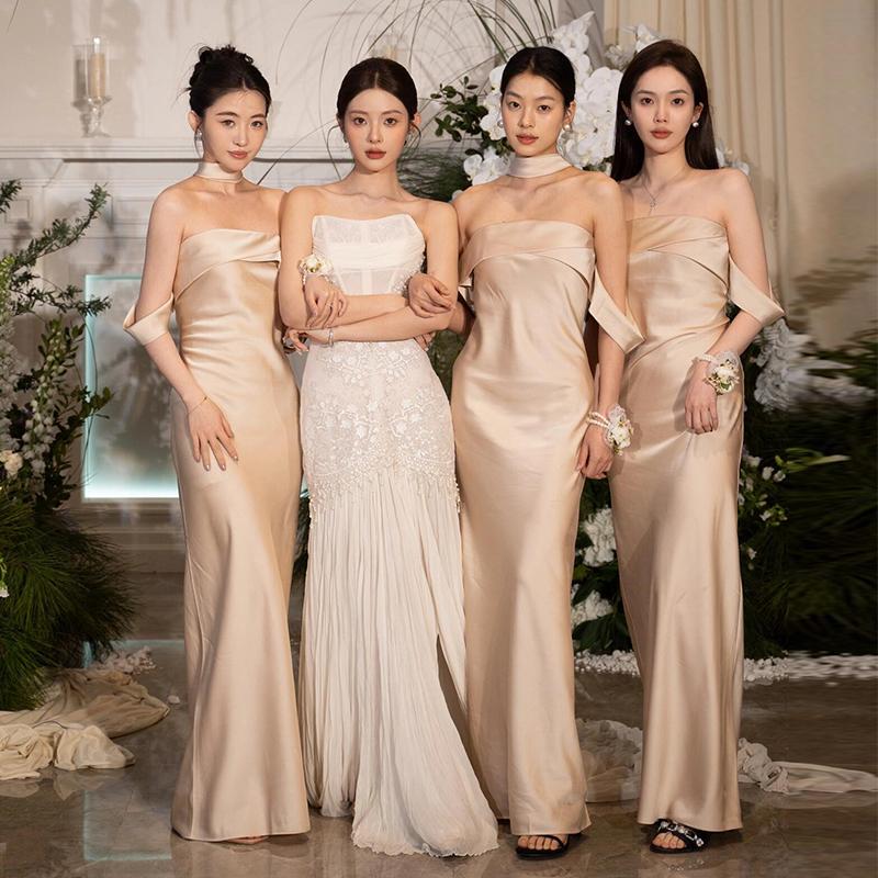 Satin Bridesmaid Dress in Champagne Color, 2026 New Style, High-End, Niche, Can Be Worn Casually, Stunning Evening Dress for Bridesmaids