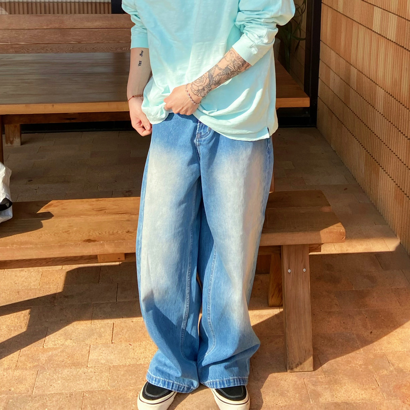 Intense Retro Asymmetrical Deconstructed Loose Washed Denim Pants Spring and Summer Silhouette Straight Casual Pants for Men