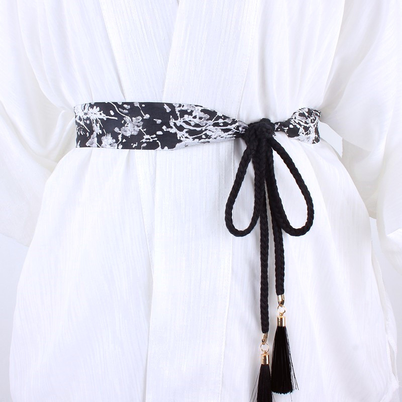 Retro Hanfu Ribbon Belt for Women, Decorative Dress, Shirt Waist-Cinching Fabric, Extended Woven Waist Rope with Tassels