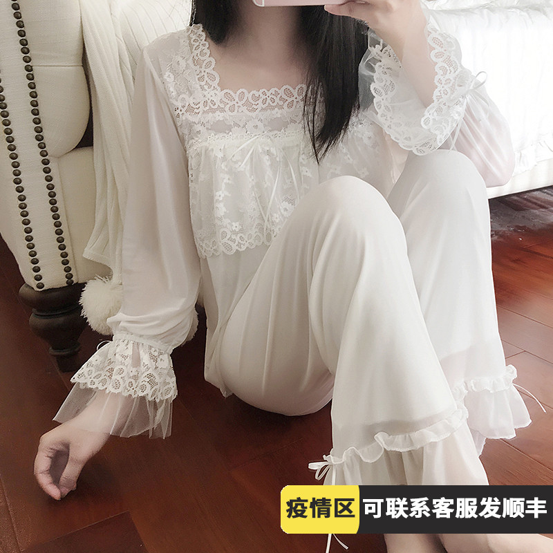 Palace Korean version pyjamas women's spring and autumn style Sexy White Princess Wind Sweet Beauty Lace Summer Home Suit Suit