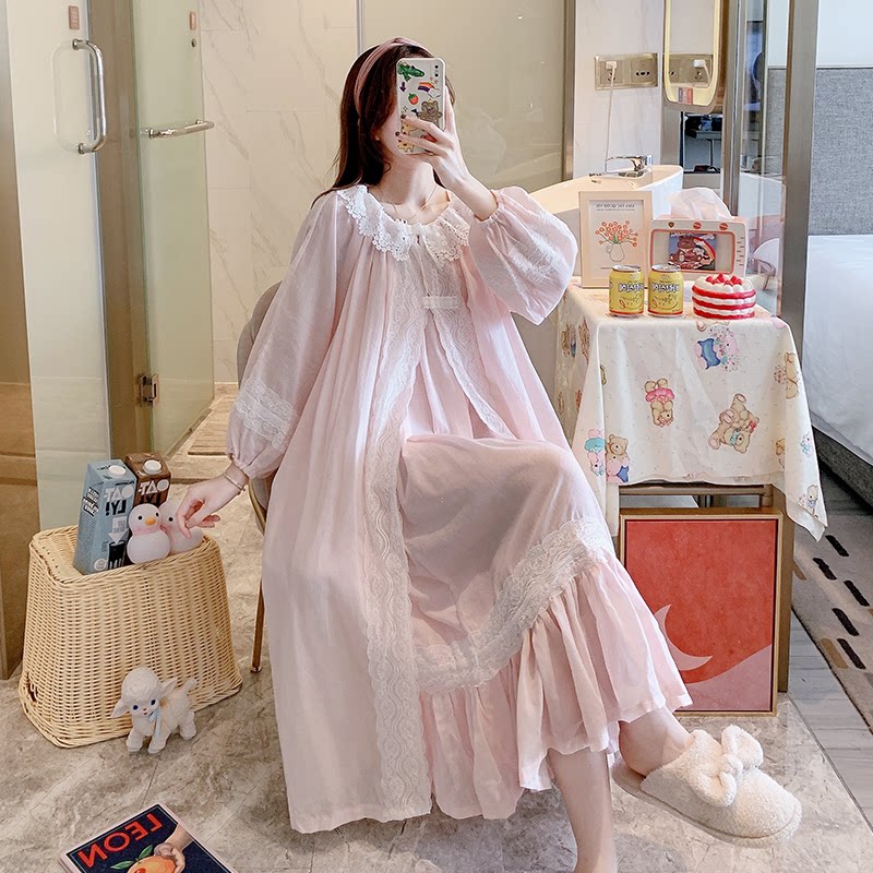 Fairy Girl Sleepwear Woman Spring Autumn Style Pure Cotton Long Sleeve Harnesses Two Sets Palace Court Windy Princess Full Cotton Home Conserved Summer Sleeping Dress