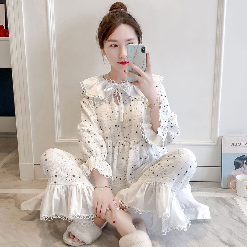 Palace Wind White Pyjamas Woman Pure Cotton Spring Autumn Sweet Beauty Summer Gauze Cotton Doll Collar Princess Wind Home Suit Suit