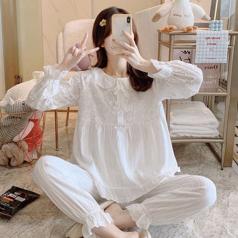 Sleepwear Lady Spring Autumn Pure Cotton Korean Version Long Sleeve Sweet And Cute Princess Wind Two Sets Full Cotton Summer Home Suit Suit