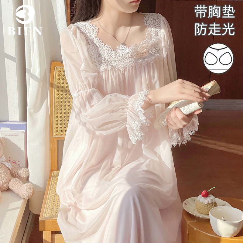 Bien French-Style Nightgown for Women, Spring and Autumn, Sweet and Cute Princess Style Loungewear, Can Be Worn Outside, Palace Style with Chest Pads