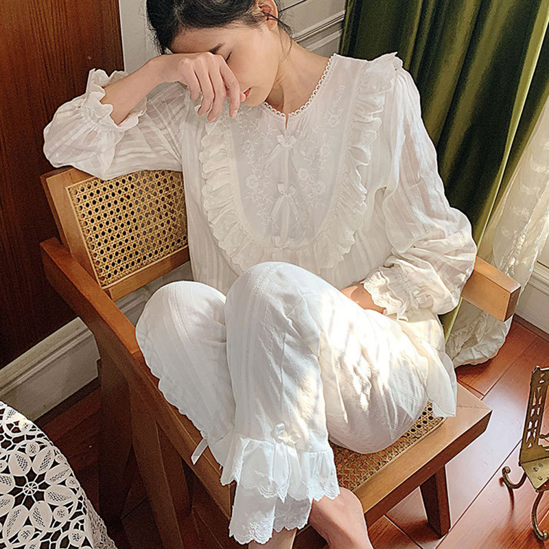 Sleepwear Spring and Autumn Girl Pure Cotton Lace Long Sleeve White Exterior Wearing Cute Princess Summer Palace Tinder Suit Fairy
