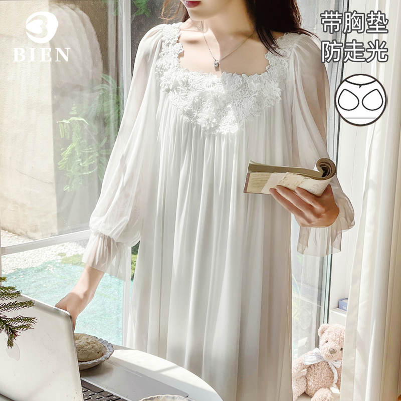 Bien Soft Palace-Style White Long-Sleeved Nightgown for Women with Breast Pads, Autumn Mesh Lace Pajamas, High-End Home Wear