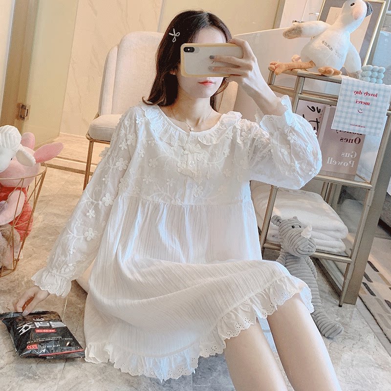 Sleepwear lady Spring and Autumn Thin Section Long Sleeves Pure Cotton Cute Autumn Summer Home Clothing Lace Mesh Red Korean Version White Sleeping Dress