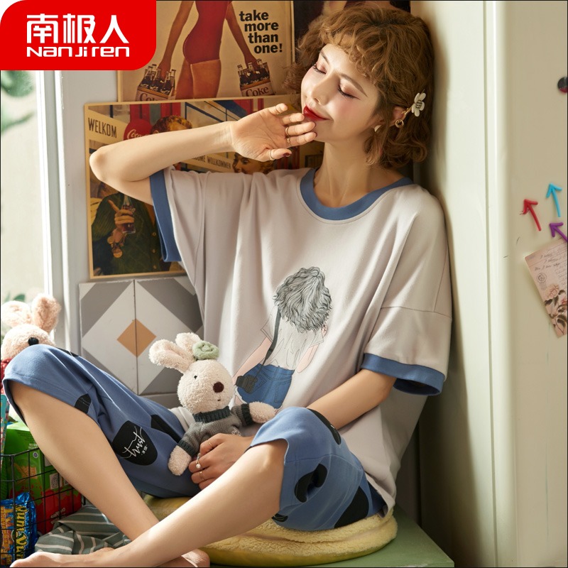 Antarctic pajamas women's summer Korean version of short-sleeved cropped pants suit Korean version of pure cotton thin home service spring and autumn summer